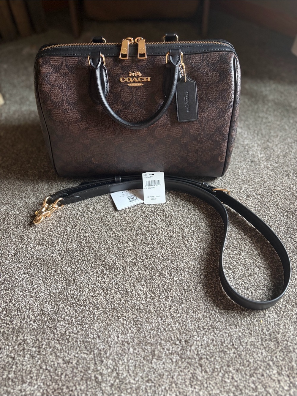 Large Coach Rowan Satchel in Signature Black/Walnut with Gold Hardware.